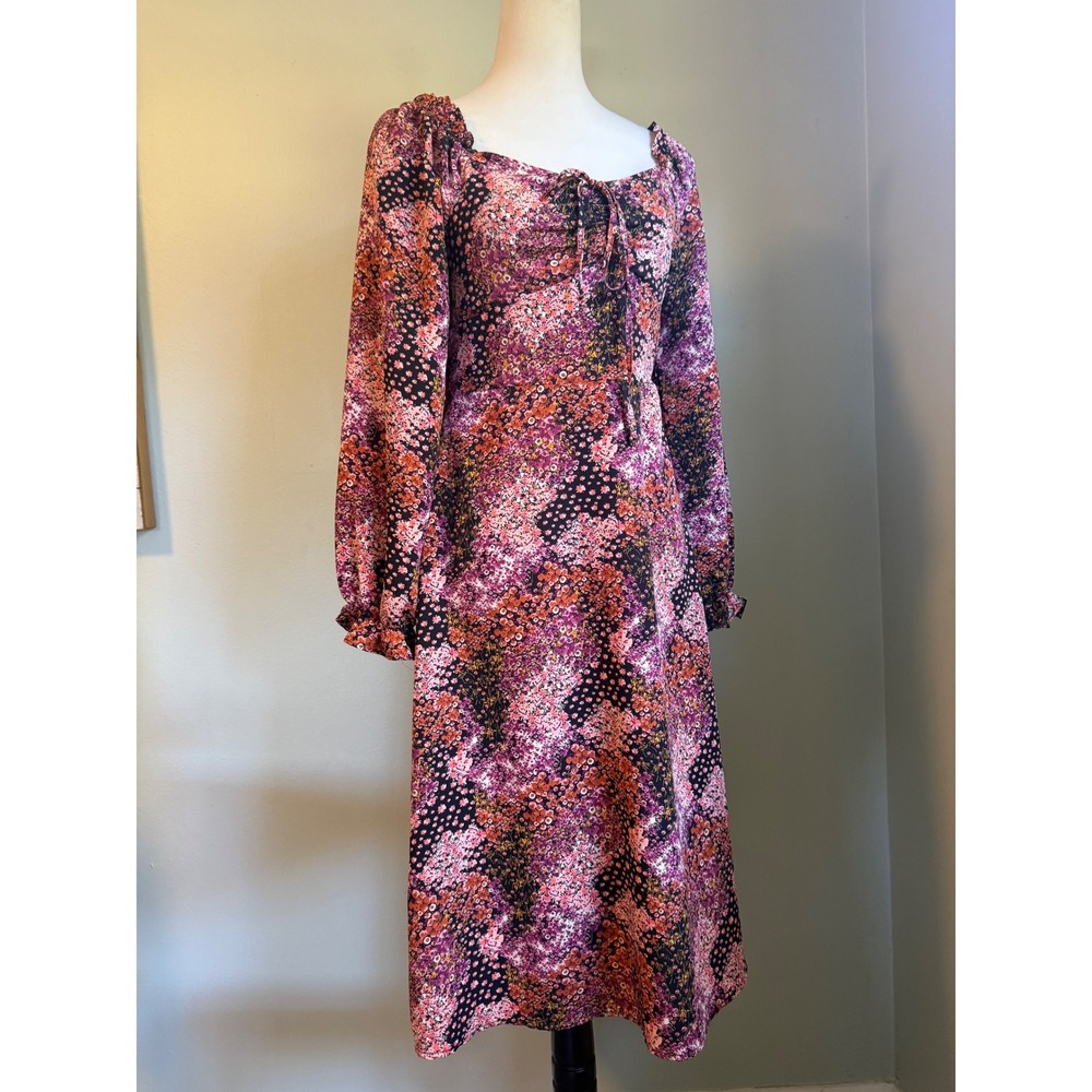 Long Sleeve Floral Midi Dress Smocked Off Shoulder m boho cotage whimsigoth retr